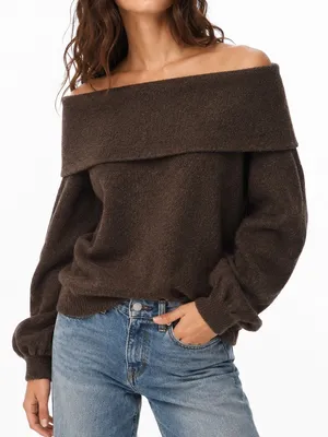 Free People Wool Blend Chocolate Brown Off The Shoulder Sweater thumbnail 1