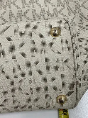 Michael Kors Beige Logo MK Tote with Tan Leather Straps D23 thumbnail 6
