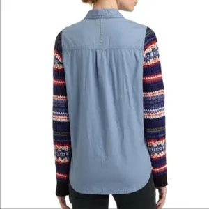 ✨We the Free People Fair Isle Sweater Knit Sleeve Chambray Sz SX✨ thumbnail 3