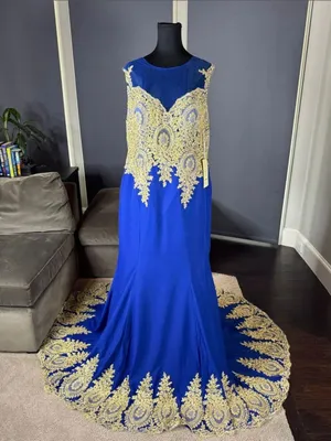 Royal Blue Evening Gown Gold Lace Appliqué with Train Side Zip Size 18 NWT thumbnail 1