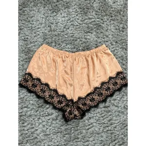 Women’s Satin Tap Shorts Black Lace Trim Lounge Sleep Pajama Pants Beige Size XL thumbnail 5