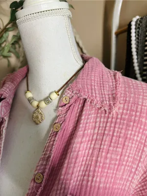 Zenana Pink Double Gauze Waffle Raw Hem Button Up Shirt thumbnail 7