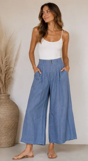 💙 Louie Size 2 Linen Wide Leg Crop‎ Pants Blue Relaxed Fit 33” Waist 💙 thumbnail 1