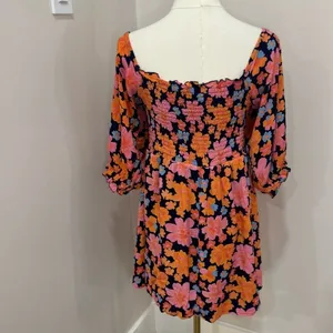 Lulus Navy Pink Orange Floral Smocked Puff Sleeve Mini Dress Size M‎ thumbnail 3