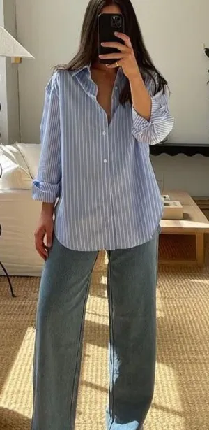 Zara Blue Striped Oversized Button Down Shirt thumbnail 1