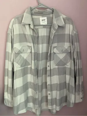 aerie Gray and White Plaid Shirt thumbnail 1