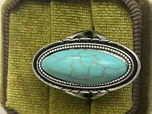 Vintage/Boho Oval Design Faux Turquoise Stainless Steel Silver Ring Size 7 NWT thumbnail 3