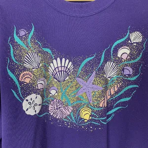 Vintage 90s Sweatshirt Seashells Glitter Gold‎ Ocean Women Size Large Purple Top thumbnail 8