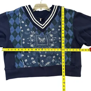 Free People Lucy Sweatshirt navy blue mixedmedia argylebandana print size Small thumbnail 5