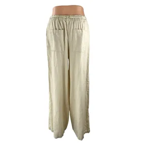 Zara Women's Beige Linen Drawstring Pleated Wide Leg Baggy Trousers Pants Size S thumbnail 4