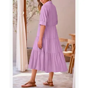 NEW Short Sleeve Button Up Ruffle A Line Flowy Maxi Dress L thumbnail 2