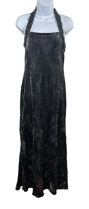 VTG 90s Niki Livas Black Silver Shimmer Halter Beaded Formal Evening Dress 6 Y2K thumbnail 1