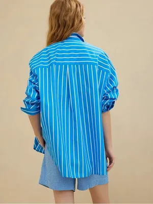 Aerie Good Day Button‎ Down Shirt Large Blue Striped Oversized Cotton thumbnail 2
