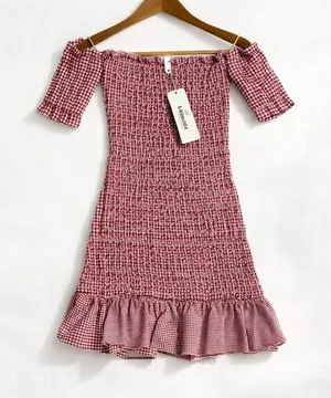 Petersyn Mini Benson Dress XS Smocked Off Shoulder Gingham Cotton NWT thumbnail 1