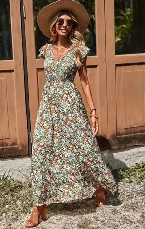Women’s Ditsy Floral Ruffle Trim V Neck Smocked Waist Boho Maxi Dress NWT thumbnail 1