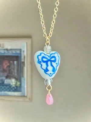 Handmade cottage fairy whimsy style heart ribbon necklace🎀🩵 thumbnail 3
