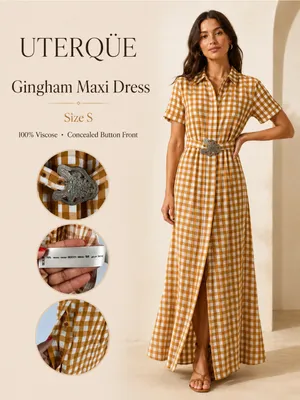Uterqüe Mustard Gingham Maxi‎ Dress Orange thumbnail 2