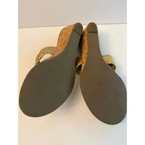 Jack Rogers Cork Wedge Sandals Womens Size 7 Gold Metallic Whipstitch Resortwear thumbnail 6