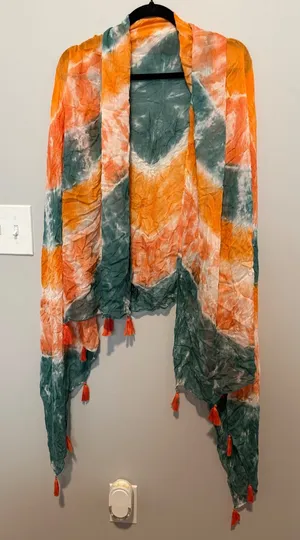 Lulus Tie Dye Tassel Kimono Wrap Shawl Orange Teal Green Viscose Boho One Size thumbnail 1