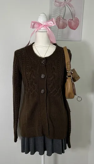 American Vintage Y2K Vintage Brown Knit Milkmaid 3 Button Cardigan Sweater Womens Medium‎ thumbnail 1