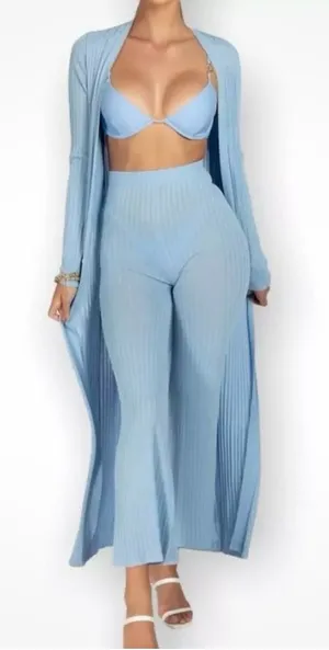 Light Blue party casual Ribbed 2 Piece Set Wide-Leg Pants & Duster NWT Small thumbnail 1
