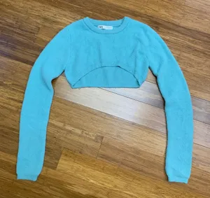 ZARA Teal Blue Fuzzy Cropped Sweater Long Sleeve Crew Neck Super Cropped Medium‎ thumbnail 1