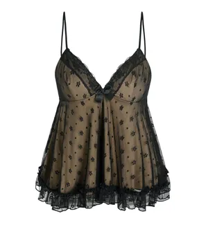 Cider NWT Sexy Floral Lace V Neck Ruffle Cami Stretch Top Adjustable Strap M Black Tan thumbnail 1
