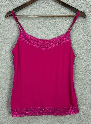 Elle Pink Lace Trim Tank Top Cami Spaghetti‎ Straps Boho Y2K Womens Large Glam thumbnail 1