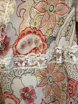 Piano Sheer Floral Paisley Tie Front Blouse Cream Coral Lace Trim Ruffle Size L thumbnail 3
