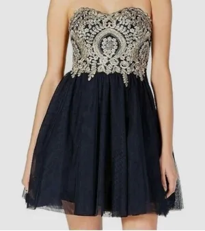Navy and Gold Strapless Formal Dress thumbnail 1