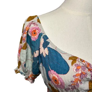 Angie Floral Smocked Boho Mini Dress Medium Cottage Indie Retro Rayon Festival thumbnail 16