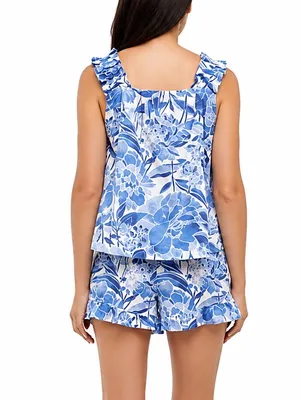 GAP 2 Pc Pajama Set Sz Medium Blue Floral 100% Cotton Ruffle Sleep Shorts Lounge thumbnail 4