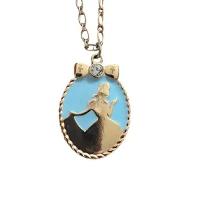 Disney Cinderella Silhouette Pendant‎ Necklace Gold Tone Blue Enamel Rhinestone thumbnail 3