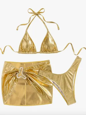 3 Piece Swimsuit Metallic Halter Triangle Bikini Set with Cover Up Beach Skirt thumbnail 1