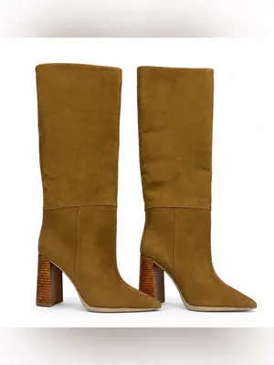 Camel Pointed Toe Mid Calf Block Heel Boots Leather Upper Size 9.5M Tan thumbnail 2