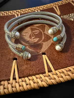 Silver-Tone Twisted Cable Cuff Bracelet with Pearl and Turquoise Accents thumbnail 2