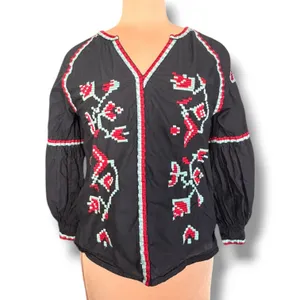RD + Koko Embroidered Peasant Blouse Black Cotton Boho Folk Art Top Festival thumbnail 3
