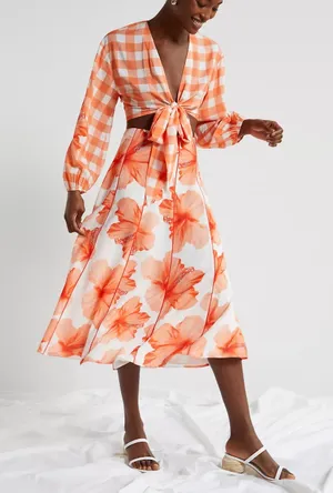 Anthropologie Farm Rio Orange White Floral Contrast Midi Skirt Size Medium thumbnail 1