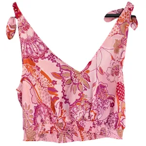 Intimately Free People Pink Floral Paisley Tie Shoulder Smocked Crop Top Medium thumbnail 3