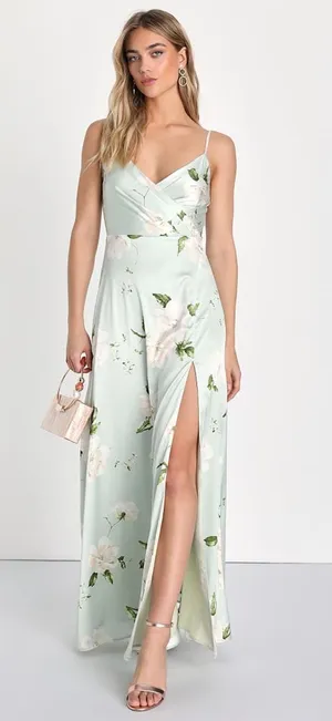NWT Lulus Radiant Occasion Light Green Floral Satin A-Line Maxi Dress Resort 3X thumbnail 1