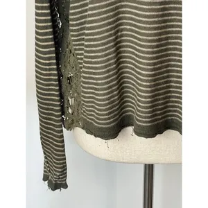 Free People Olive Green Stripe Crochet Sides Linen Blend Long Sleeve Top Size XS thumbnail 8