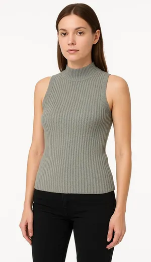 Miou Muse Top‎ Womens Size Medium Grey Sleeveless Mock Neck Ribbed Knit thumbnail 1