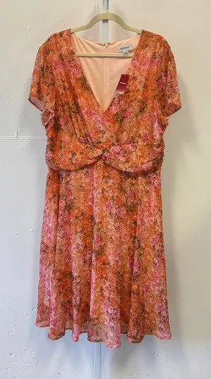 NWT Avenue Floral Chiffon Midi Dress Orange V-Neck Short‎ Sleeve Plus Size 18W thumbnail 1