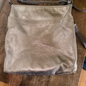 Frye Crossbody Bag Women Small Gold Metallic Canvas Leather Trim Industrial Glam thumbnail 7