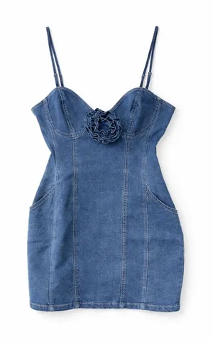 EB Luxe Spaghetti Strap Rosette Denim Mini‎ Dress Size Large Blue thumbnail 1
