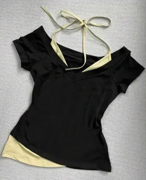 Contrast halter short sleeve shirt baby yellow thumbnail 1