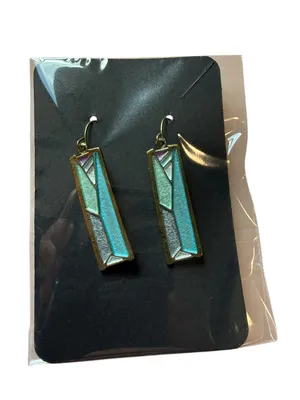 NWT Modernist‎ Mixed Metal Geometric Bar Drop Earrings Green & Peach Enamel thumbnail 2