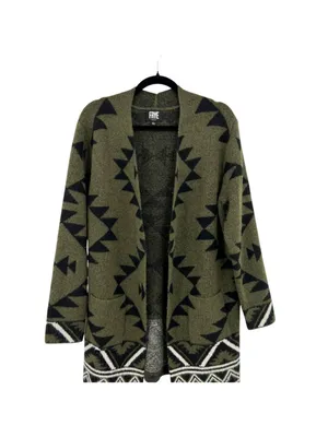 Frye The Cozy Cardigan Open Front Aztec Cardigan Sweater Large Olive Black thumbnail 2