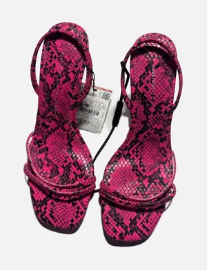 Zara Heeled Sandals Women 6.5 Pink Snakeskin‎ Strappy Kitten Heel Party Chic thumbnail 1