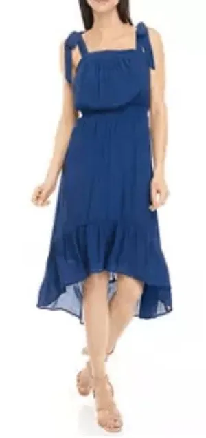 Luxology Dress Womens Blue Aline HighLow Adjustable‎ TieStrap Midi Boho Flowy thumbnail 1